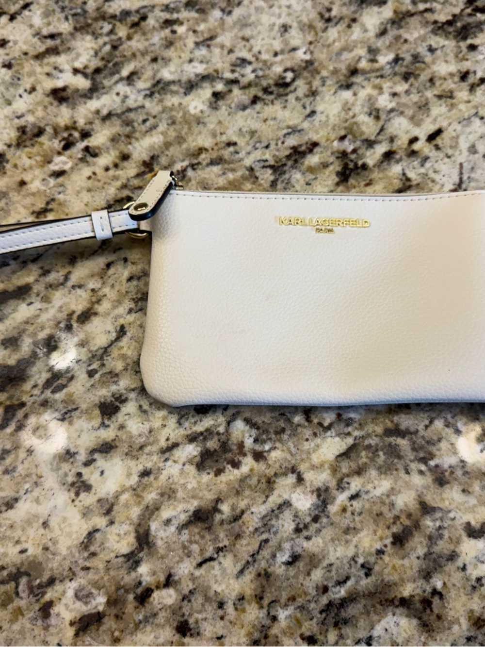 Karl Lagerfeld Cream Leather Wristlet Pouch with Gold Logo